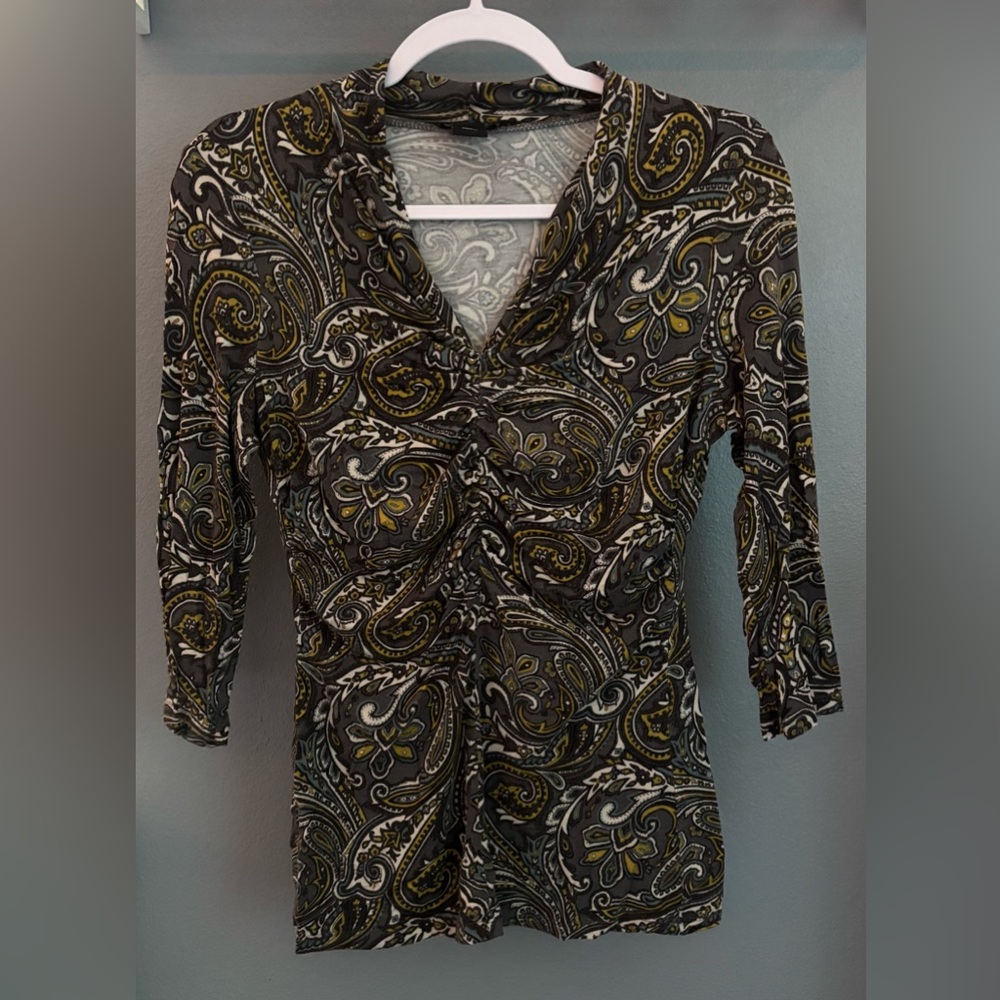 Ann Taylor Olive and Black Paisley Ruched V-Neck Long Sleeve Top